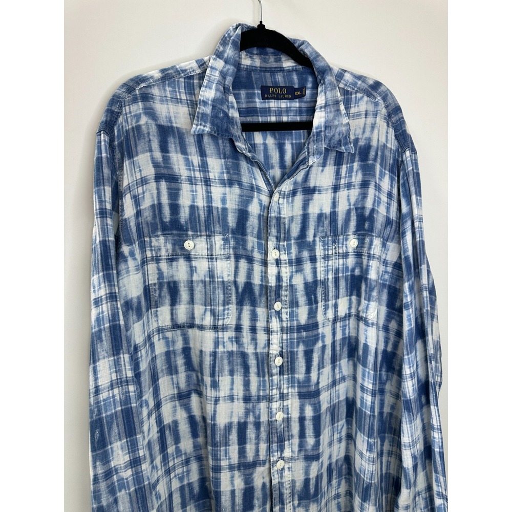 Polo Ralph Lauren 100% Linen Mens Blue White Tie Dye Plaid Button Down Shirt XXL - Picture 3 of 15